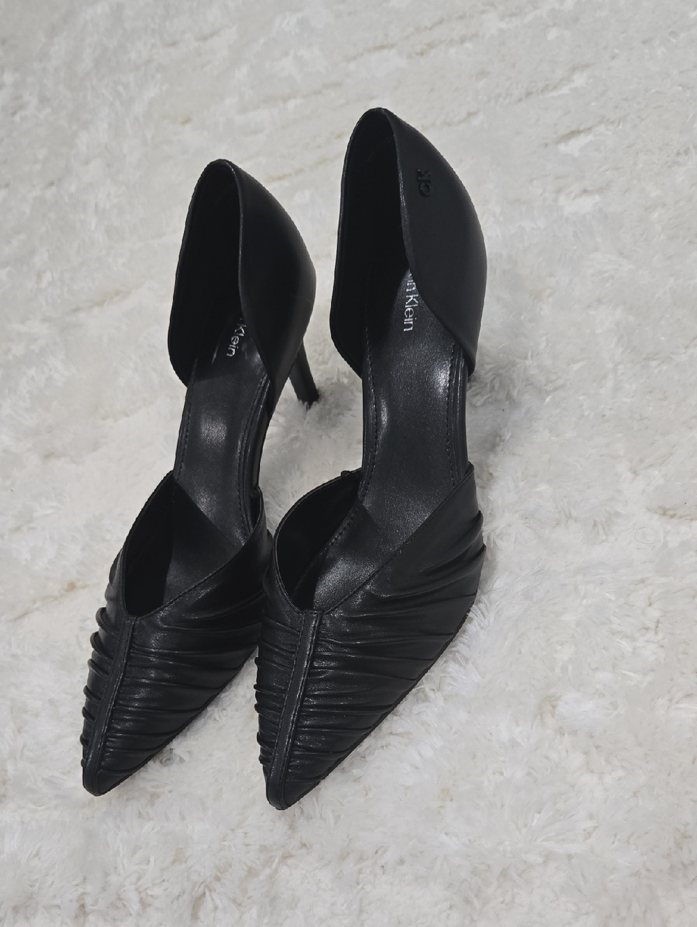 CK Black Ruched Pointed Toe Stiletto Heels Designer Dress Pumps